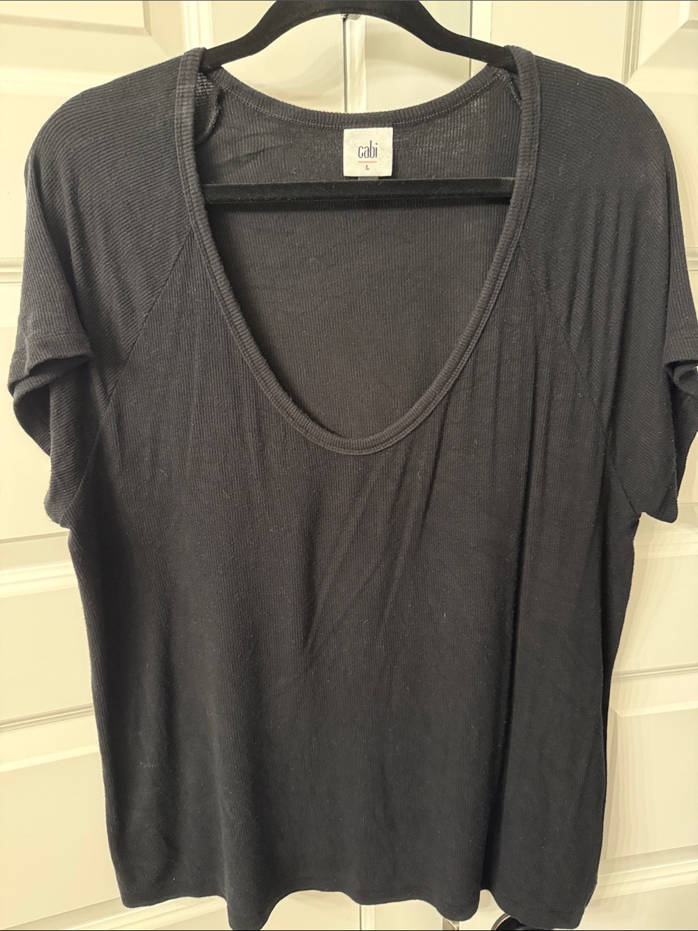 CAbi Black Ribbed Scoop Neck Short Sleeve Top